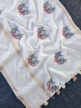 Ethnic Off White Embroidery Work Kota Doriya Silk Saree With Deserving Blouse Piece