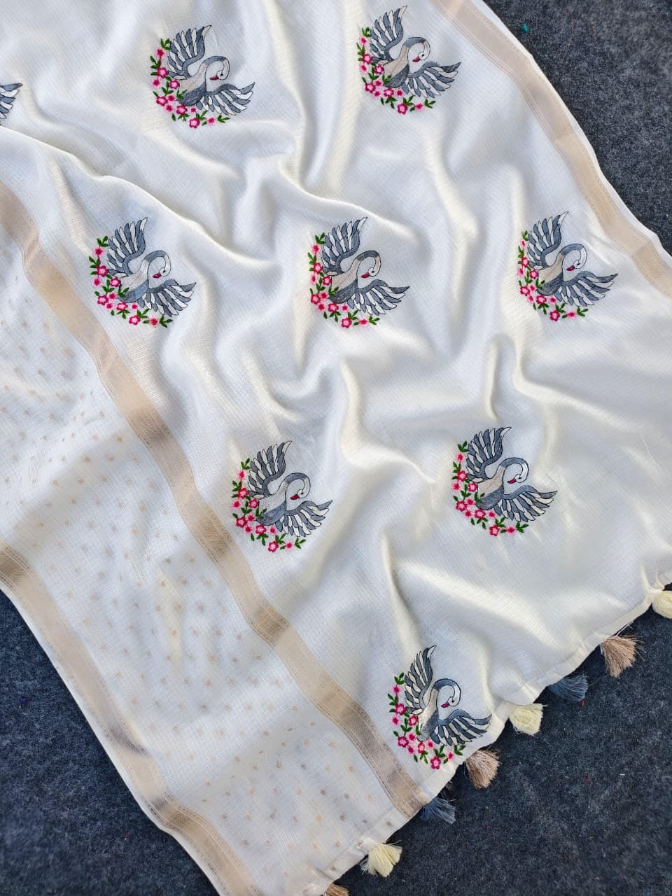 Ethnic Off White Embroidery Work Kota Doriya Silk Saree With Deserving Blouse Piece