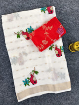 Beleaguer Off White Embroidery Work Kota Doriya Silk Saree With Flamboyant Blouse Piece