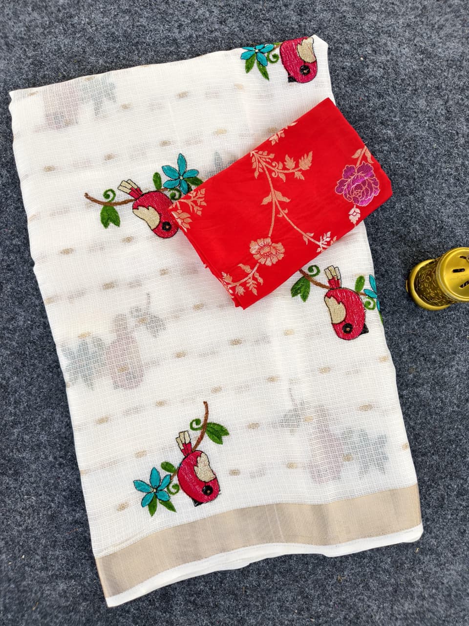 Beleaguer Off White Embroidery Work Kota Doriya Silk Saree With Flamboyant Blouse Piece