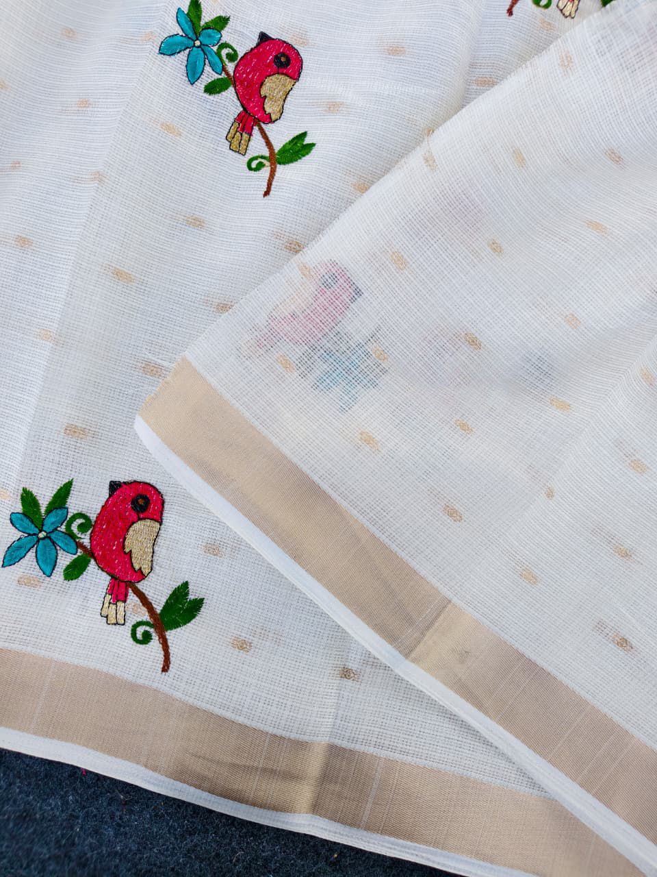 Beleaguer Off White Embroidery Work Kota Doriya Silk Saree With Flamboyant Blouse Piece