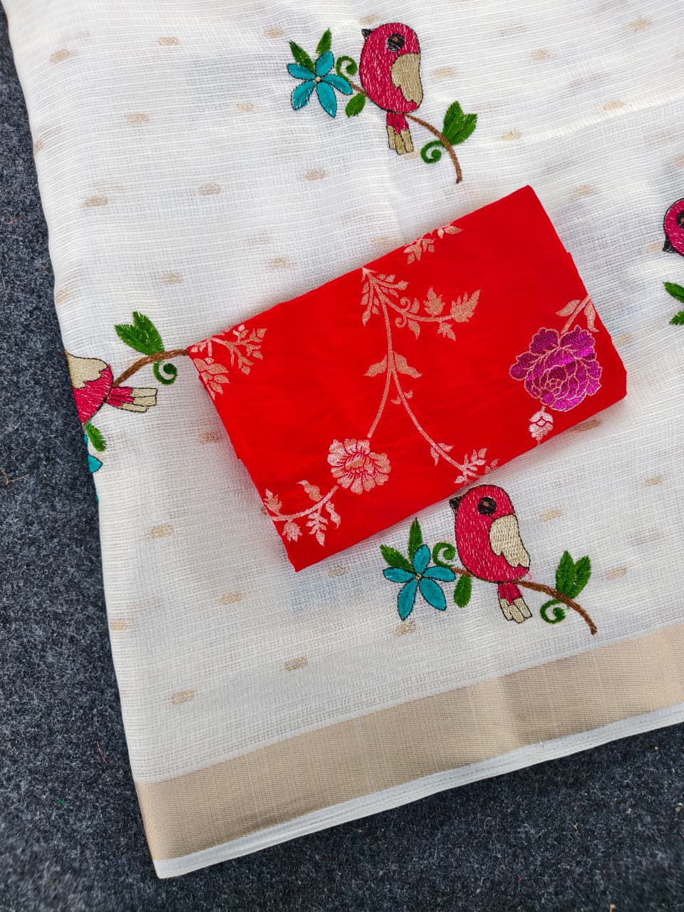 Beleaguer Off White Embroidery Work Kota Doriya Silk Saree With Flamboyant Blouse Piece