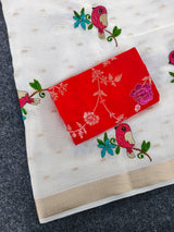 Beleaguer Off White Embroidery Work Kota Doriya Silk Saree With Flamboyant Blouse Piece