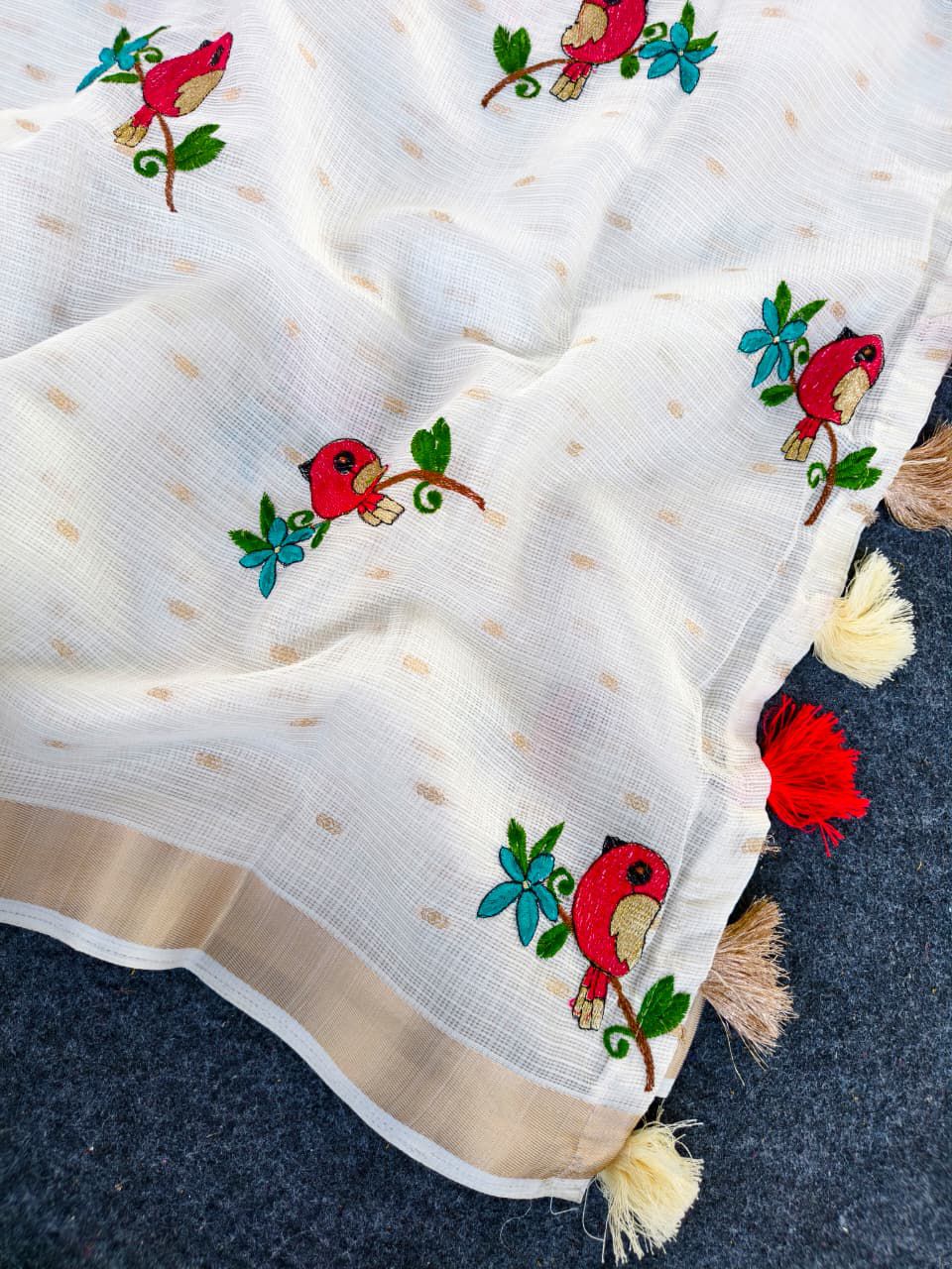 Beleaguer Off White Embroidery Work Kota Doriya Silk Saree With Flamboyant Blouse Piece