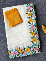 Mellifluous Off White Embroidery Work Crush Silk Saree With Ailurophile Blouse Piece