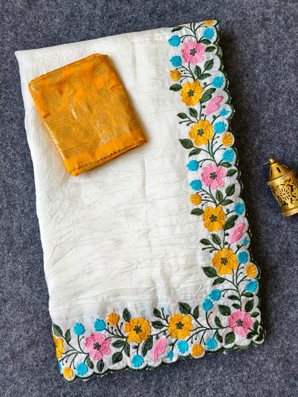 Mellifluous Off White Embroidery Work Crush Silk Saree With Ailurophile Blouse Piece