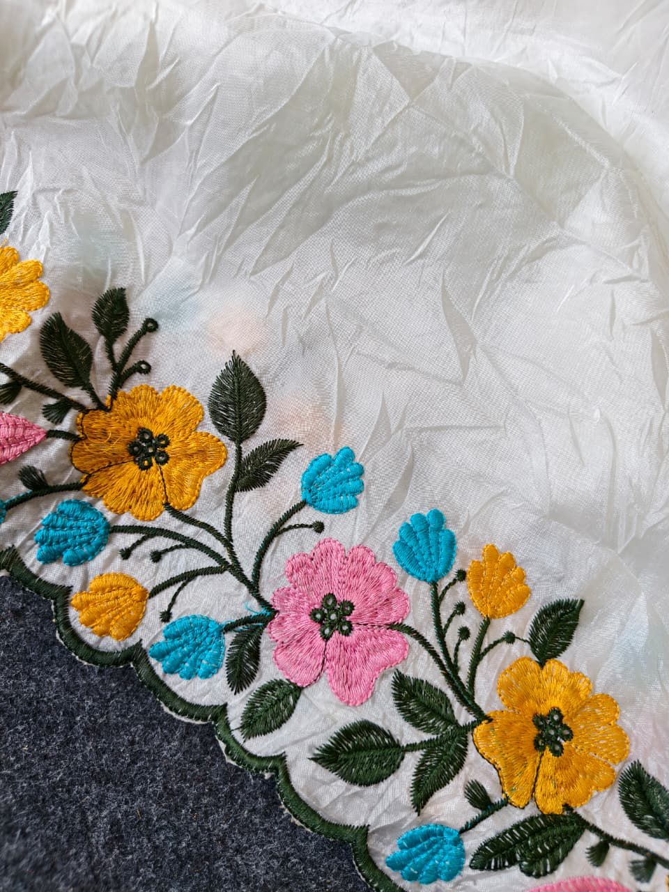 Mellifluous Off White Embroidery Work Crush Silk Saree With Ailurophile Blouse Piece