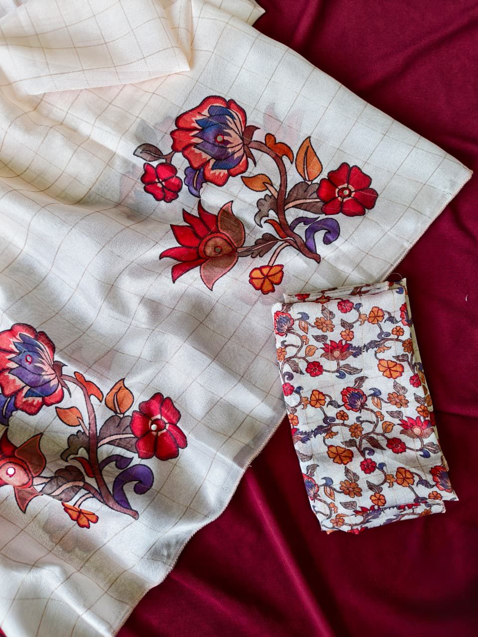 Outstanding Beige kalamkari Printed Crepe Silk Saree With Devastating Blouse Piece