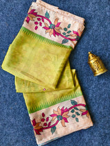 Lissome Parrot kalamkari Printed Crepe Silk Saree With Trendy Blouse Piece