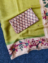Lissome Parrot kalamkari Printed Crepe Silk Saree With Trendy Blouse Piece