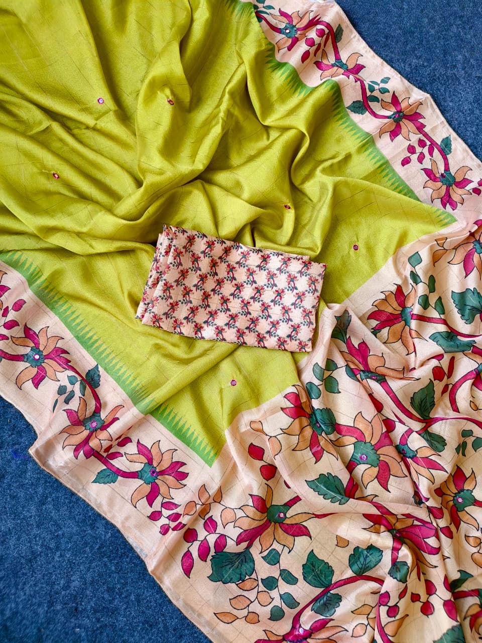 Lissome Parrot kalamkari Printed Crepe Silk Saree With Trendy Blouse Piece