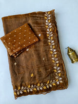 Energetic Brown Embroidery Work Crush Silk Saree With Demure Blouse Piece