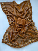 Energetic Brown Embroidery Work Crush Silk Saree With Demure Blouse Piece