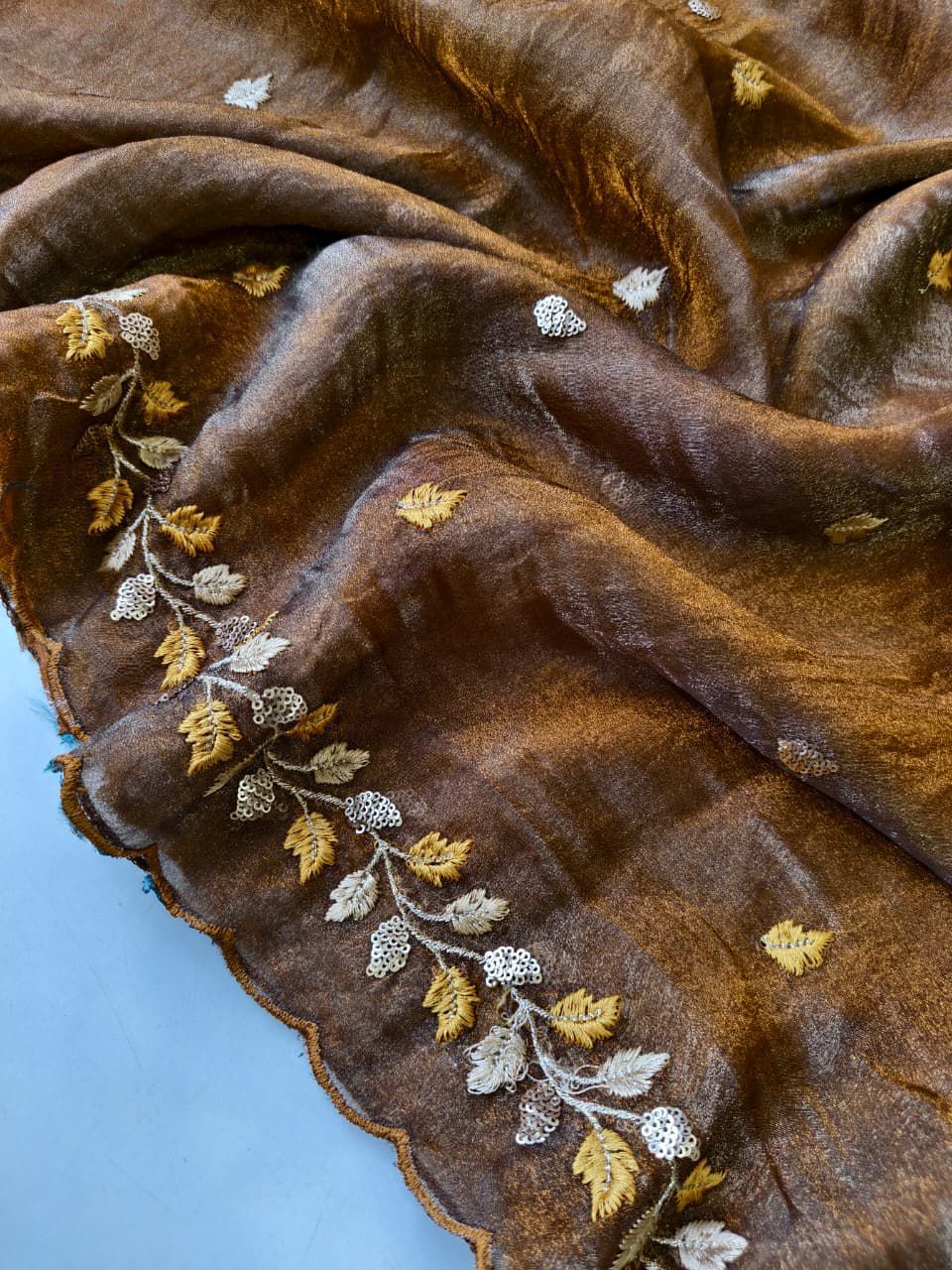 Energetic Brown Embroidery Work Crush Silk Saree With Demure Blouse Piece