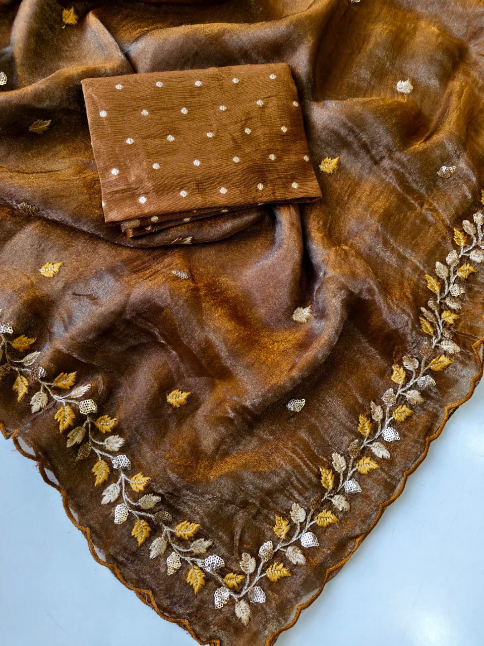 Energetic Brown Embroidery Work Crush Silk Saree With Demure Blouse Piece