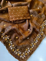 Energetic Brown Embroidery Work Crush Silk Saree With Demure Blouse Piece