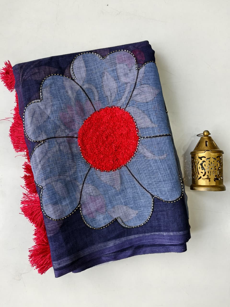 Efflorescence Navy Blue Printed Linen Silk Saree With Angelic Blouse Piece