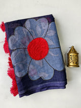 Efflorescence Navy Blue Printed Linen Silk Saree With Angelic Blouse Piece