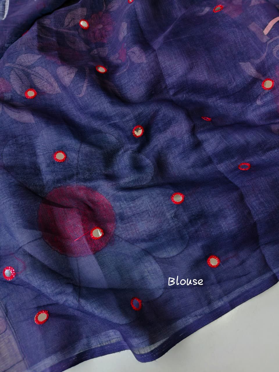 Efflorescence Navy Blue Printed Linen Silk Saree With Angelic Blouse Piece
