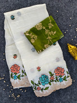 Symmetrical Off White Embroidery Work Crush Silk Saree With Cynosure Blouse Piece