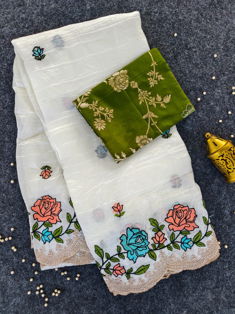 Symmetrical Off White Embroidery Work Crush Silk Saree With Cynosure Blouse Piece