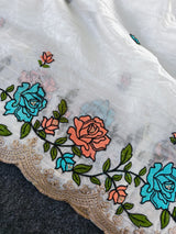 Symmetrical Off White Embroidery Work Crush Silk Saree With Cynosure Blouse Piece