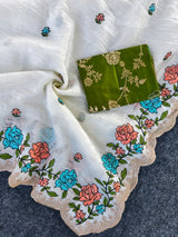 Symmetrical Off White Embroidery Work Crush Silk Saree With Cynosure Blouse Piece