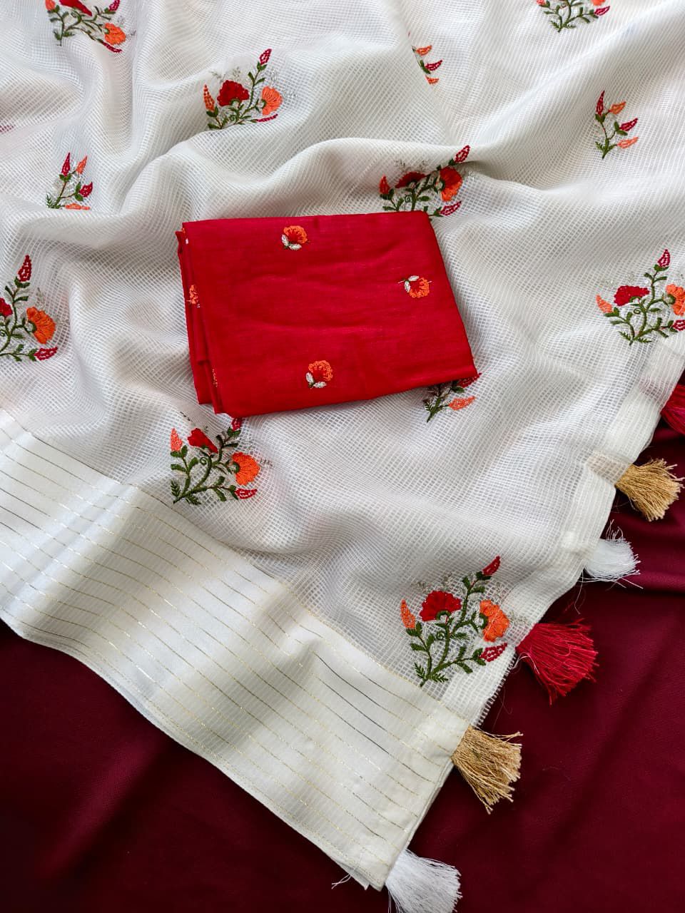 Eloquence Off White Embroidery Work Kota Doriya Silk Saree With Traditional Blouse Piece