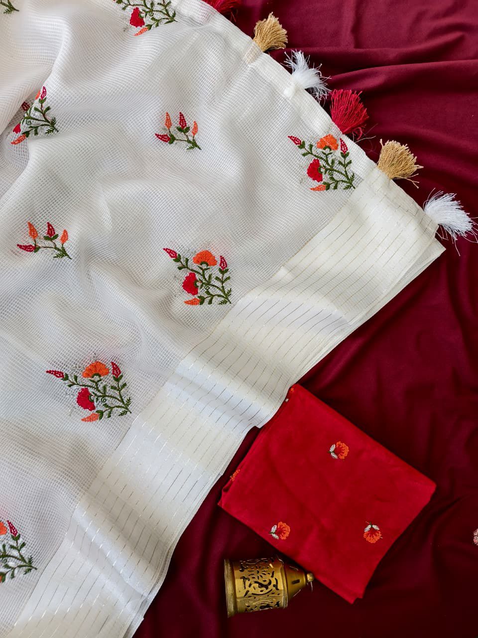 Eloquence Off White Embroidery Work Kota Doriya Silk Saree With Traditional Blouse Piece