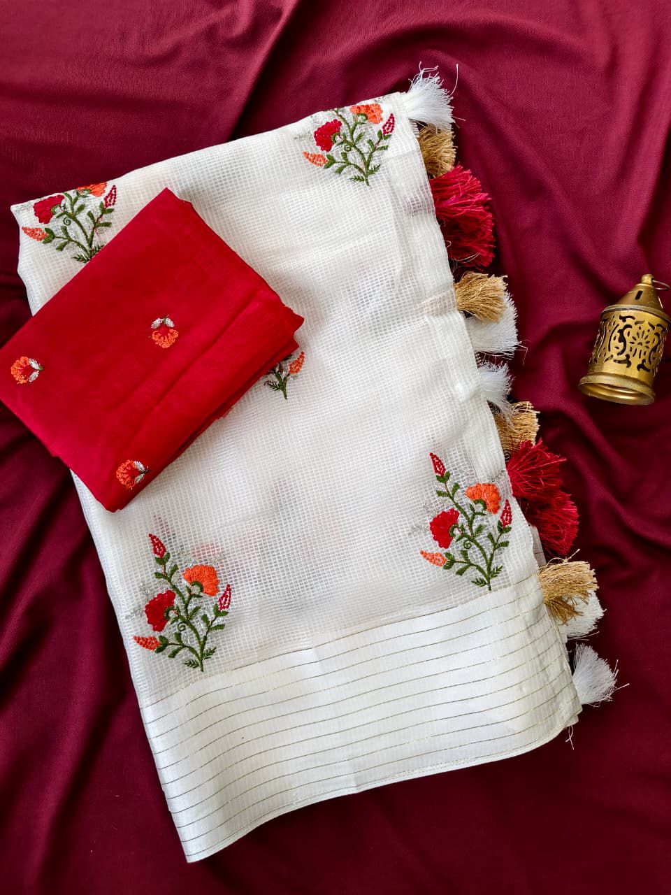 Eloquence Off White Embroidery Work Kota Doriya Silk Saree With Traditional Blouse Piece