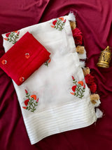Eloquence Off White Embroidery Work Kota Doriya Silk Saree With Traditional Blouse Piece