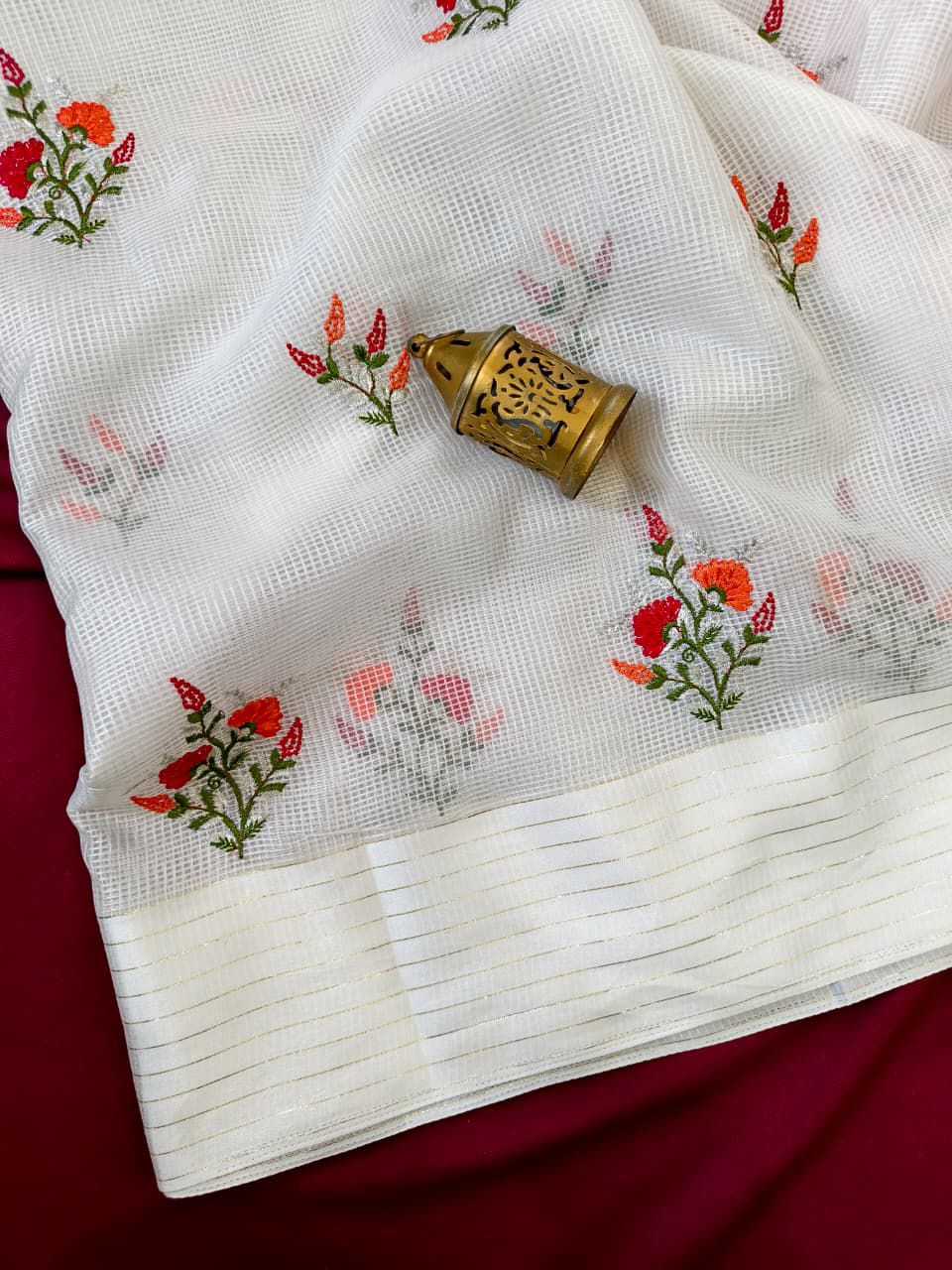 Eloquence Off White Embroidery Work Kota Doriya Silk Saree With Traditional Blouse Piece
