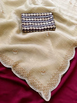 Charismatic Beige Handwork Pure Chiffon Silk Saree With Redolent Blouse Piece