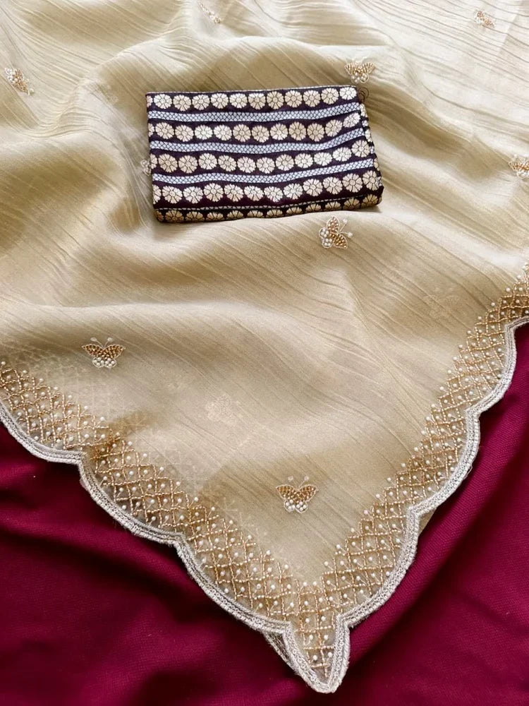 Charismatic Beige Handwork Pure Chiffon Silk Saree With Redolent Blouse Piece