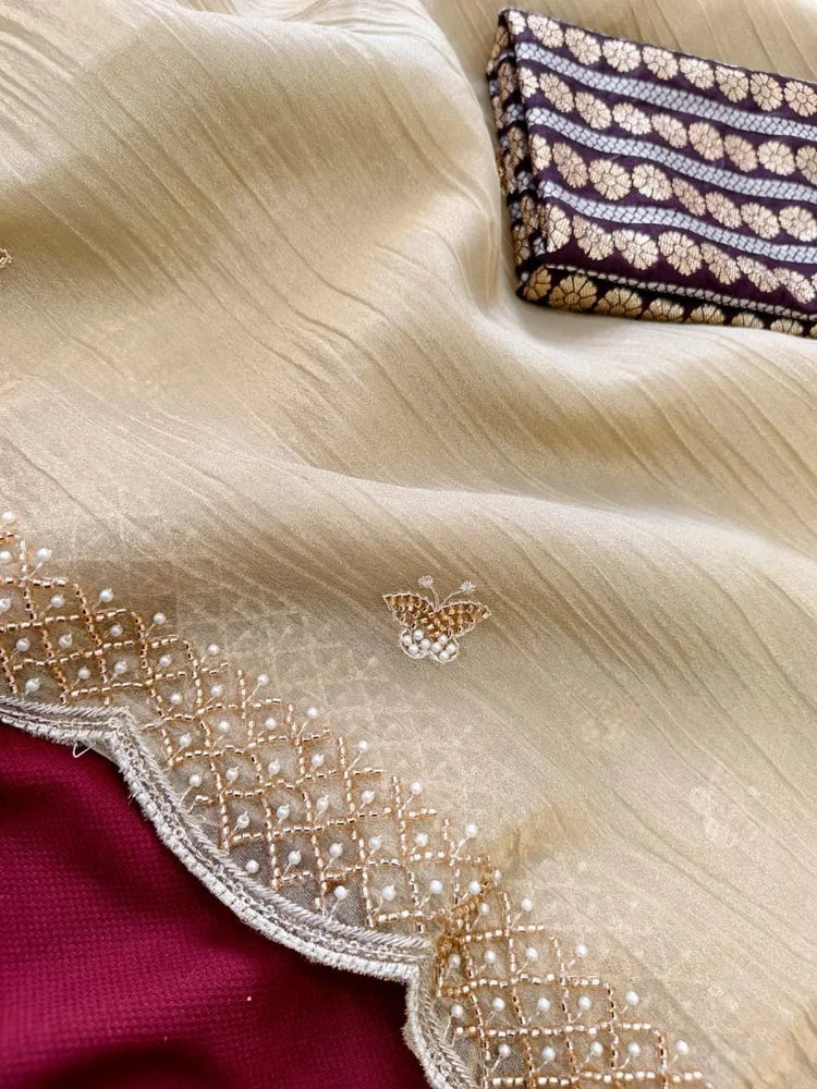 Charismatic Beige Handwork Pure Chiffon Silk Saree With Redolent Blouse Piece