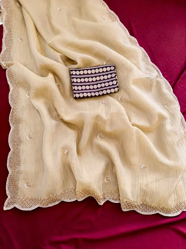 Charismatic Beige Handwork Pure Chiffon Silk Saree With Redolent Blouse Piece