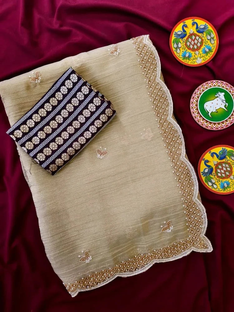 Charismatic Beige Handwork Pure Chiffon Silk Saree With Redolent Blouse Piece