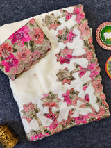 Flamboyant Off White Embroidery Work Georgette Saree With Imaginative Blouse Piece
