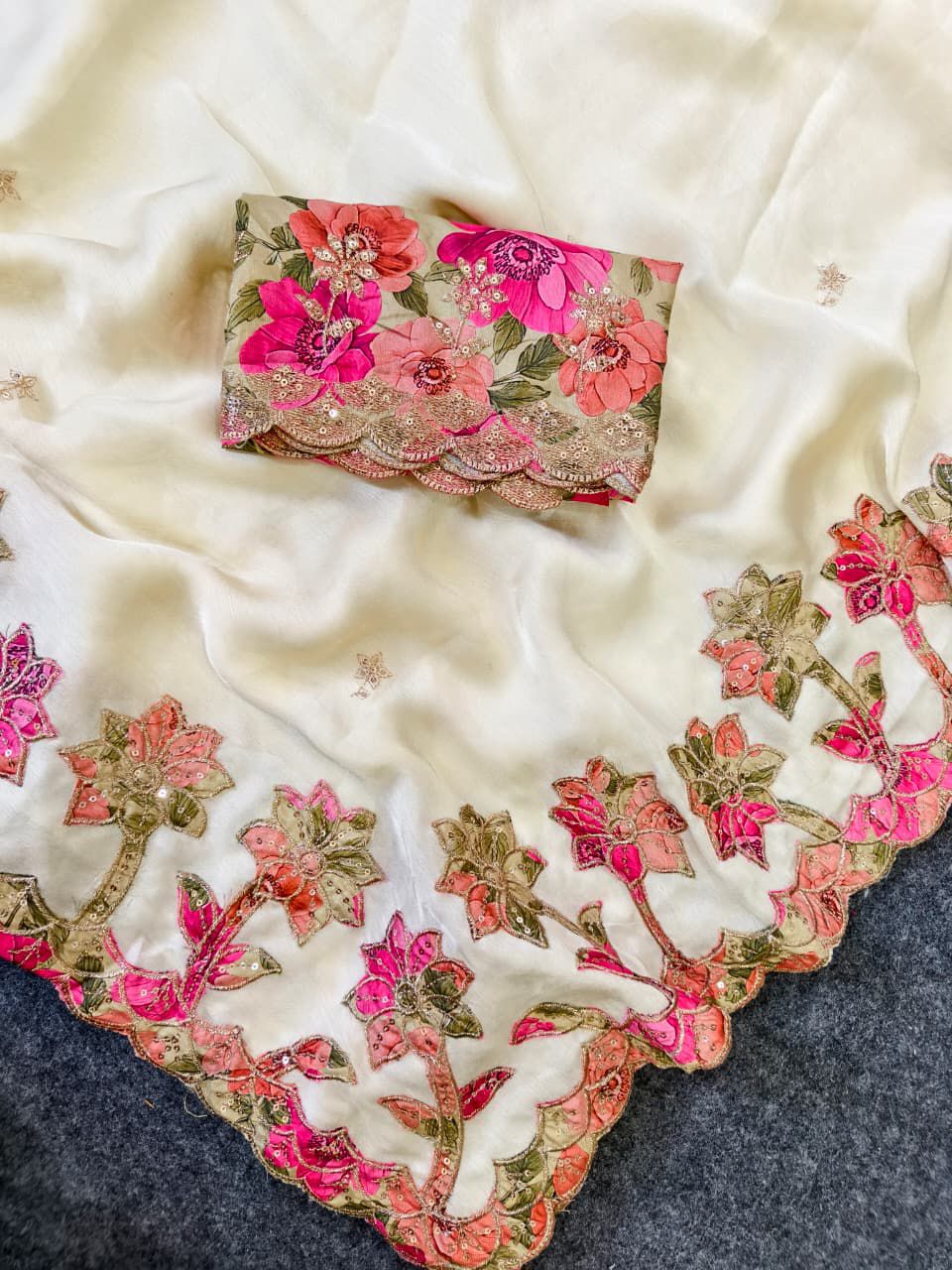 Flamboyant Off White Embroidery Work Georgette Saree With Imaginative Blouse Piece