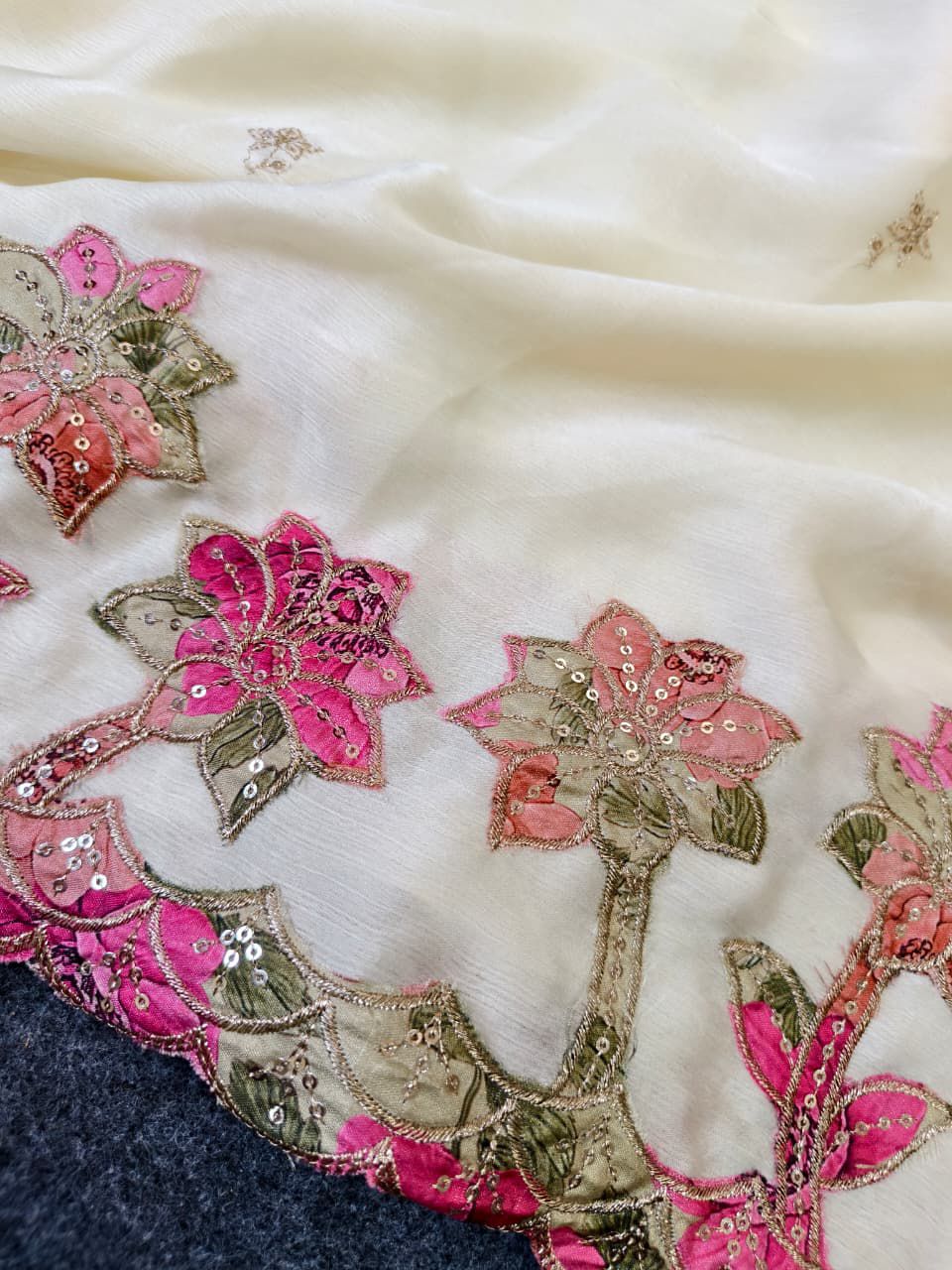 Flamboyant Off White Embroidery Work Georgette Saree With Imaginative Blouse Piece