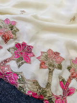 Flamboyant Off White Embroidery Work Georgette Saree With Imaginative Blouse Piece