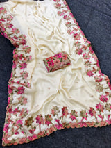 Flamboyant Off White Embroidery Work Georgette Saree With Imaginative Blouse Piece