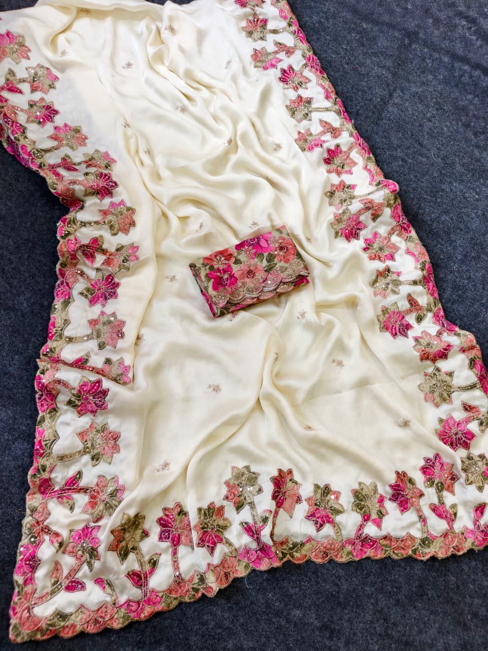 Flamboyant Off White Embroidery Work Georgette Saree With Imaginative Blouse Piece