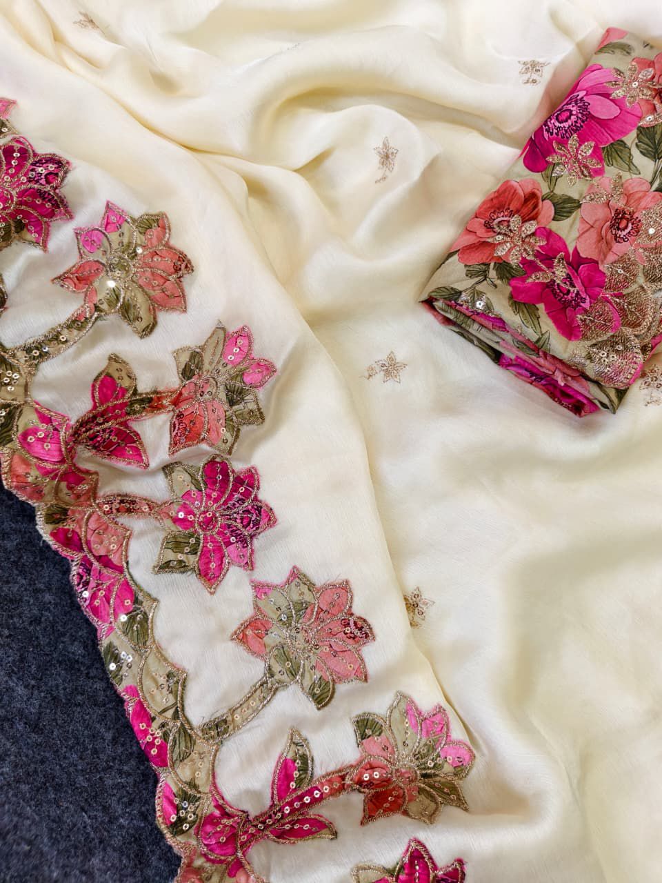 Flamboyant Off White Embroidery Work Georgette Saree With Imaginative Blouse Piece