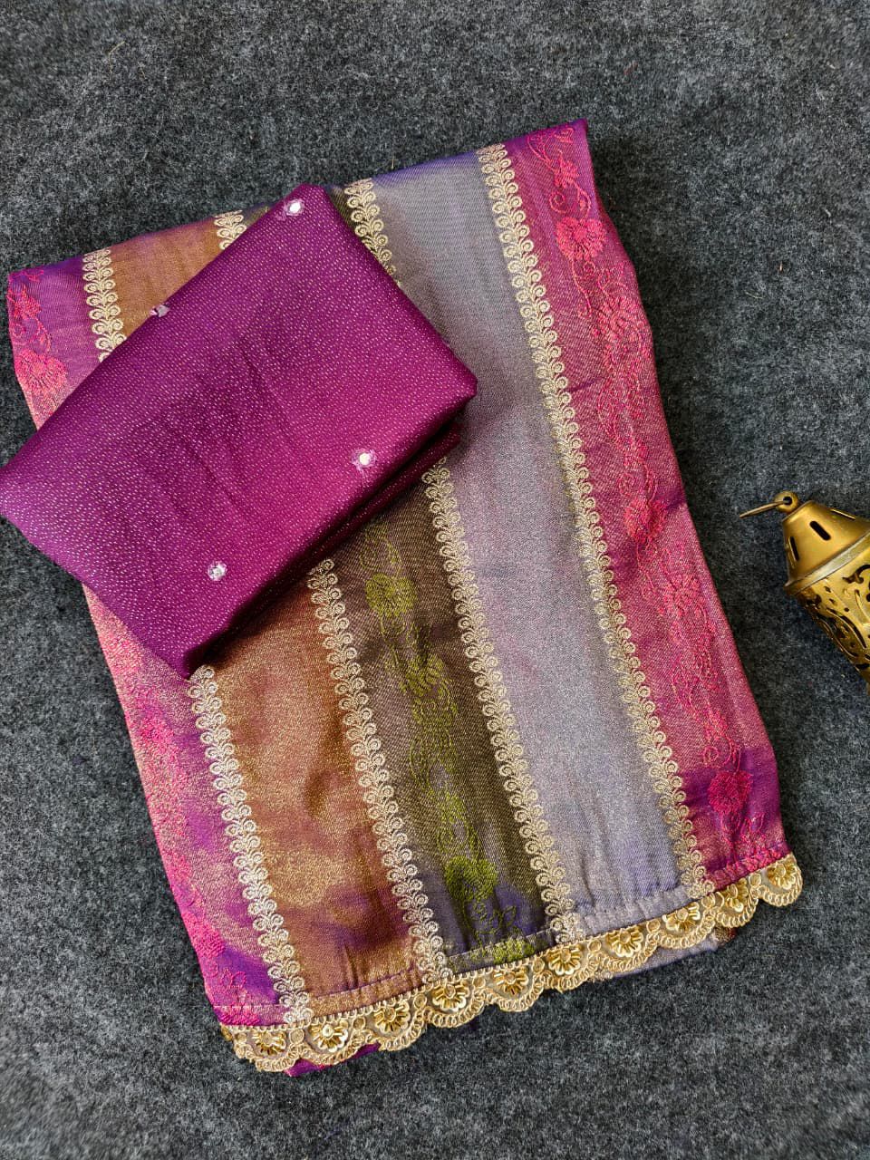 Verdant Multicolor Embroidery Work Soft Silk Saree With Twirling Blouse Piece