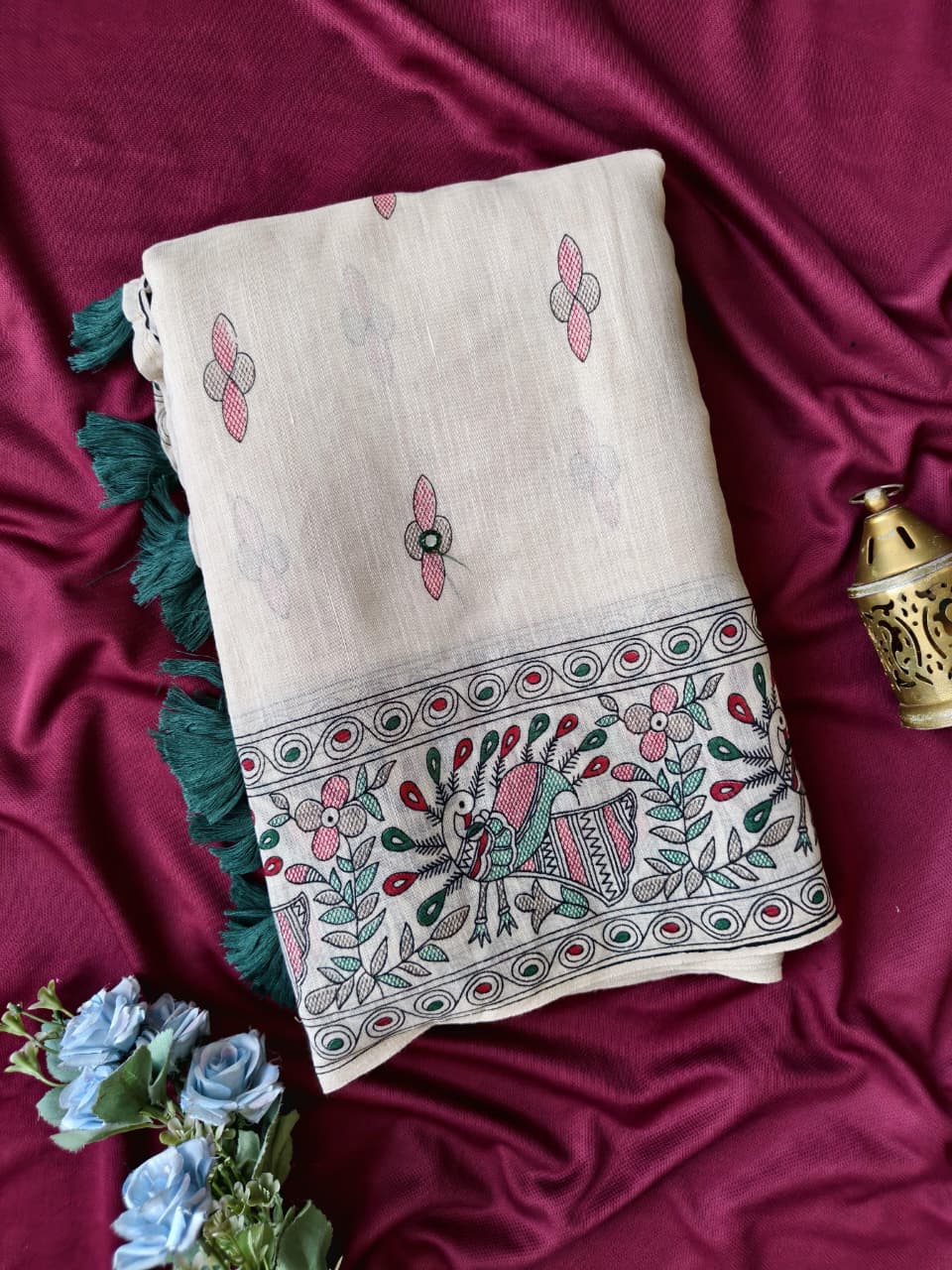 Panoply Off White Printed Linen Silk Saree With Sensational Blouse Piece