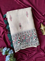 Panoply Off White Printed Linen Silk Saree With Sensational Blouse Piece