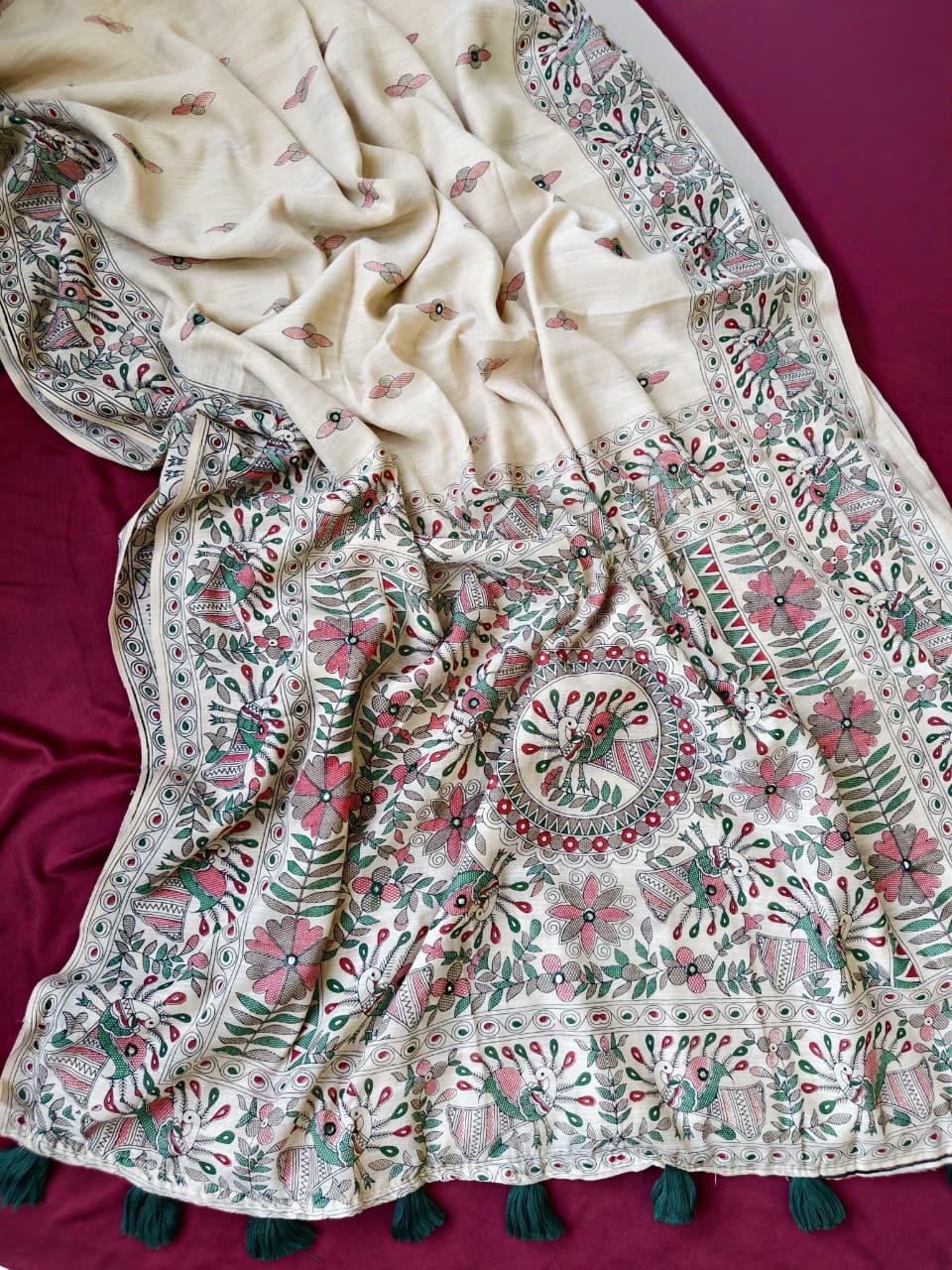 Panoply Off White Printed Linen Silk Saree With Sensational Blouse Piece