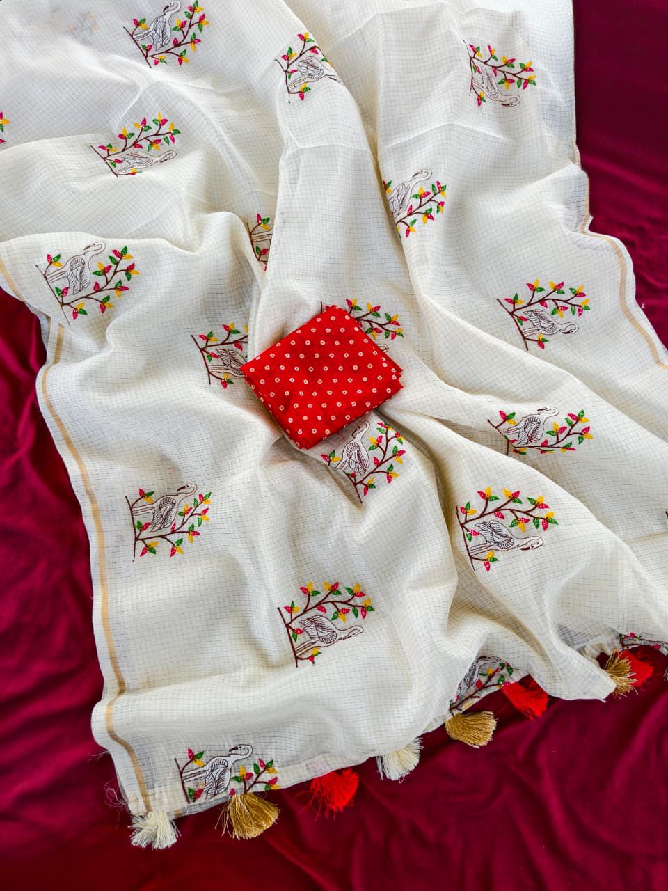 Winsome Off White White Embroidery Work Kota Doria Saree With Vivacious Blouse Piece