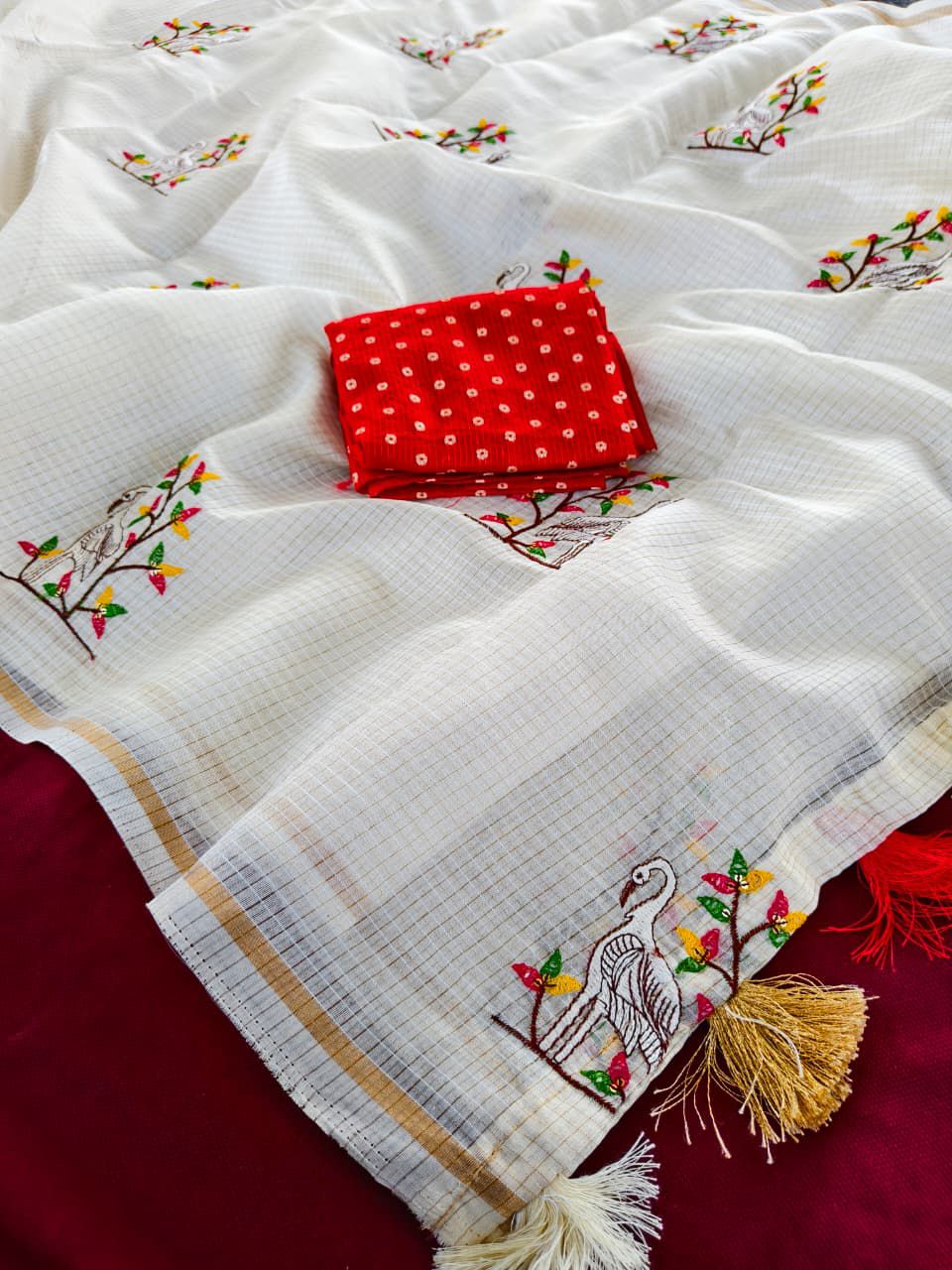 Winsome Off White White Embroidery Work Kota Doria Saree With Vivacious Blouse Piece
